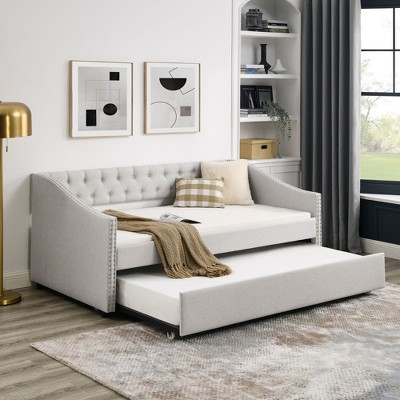 NicBex Twin Size Upholstered Tufted Button Daybed with Twin Size Trundle for Bedroom,Living Room,Apartment,Beige
