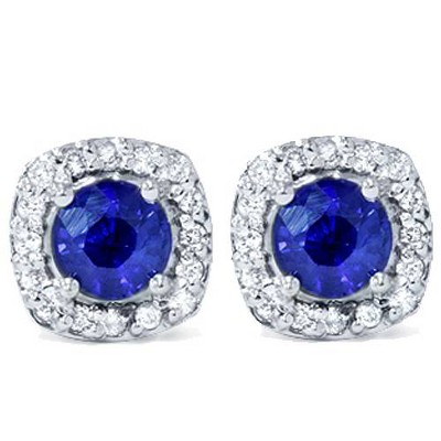 Pompeii3 1 5/8ct Pave Halo Sapphire Diamond Studs 14K White Gold