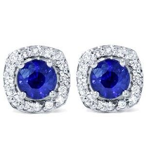 Pompeii3 1 5/8ct Pave Halo Sapphire Diamond Studs 14K White Gold - 1 of 4
