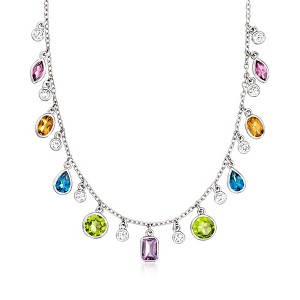 Ross-Simons 4.50 ct. t.w. Multi-Gemstone and .64 ct. t.w. Lab-Grown Diamond Station Necklace in Sterling Silver Size 18 - 1 of 4