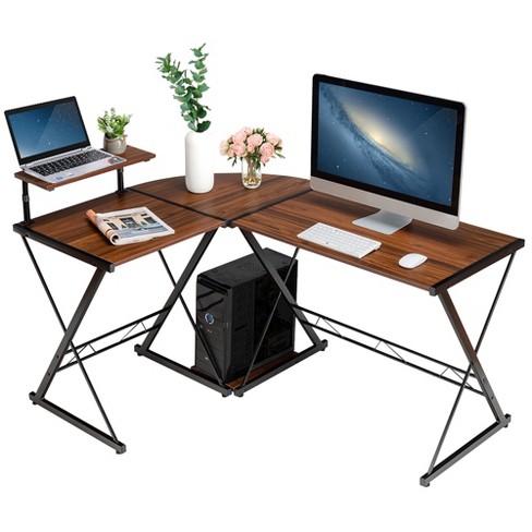 55/53 inch Reversible L Shaped Desk with Storage Shelf and Monitor