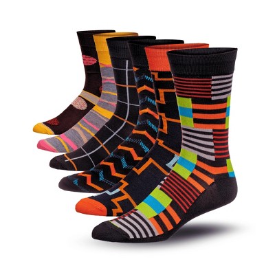 JAMES FIALLO Mens 6-Pairs Whimsical Waves Chic Horizontal Striped & Hexagonal Designs Crew Dress Socks