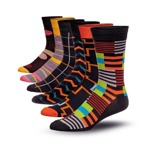 JAMES FIALLO Mens 6-Pairs Whimsical Waves Chic Horizontal Striped & Hexagonal Designs Crew Dress Socks - 1 of 4