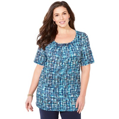 Catherines Women's Plus Size Jeweled Neck Pintuck Top