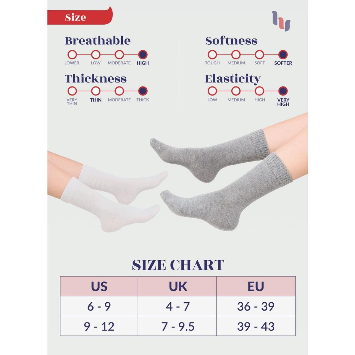 Hugh Ugoli Women's Cotton Diabetic Crew Socks Wide Fit Seamless Toe Non-Binding, 4 Pairs - thumbnail 5