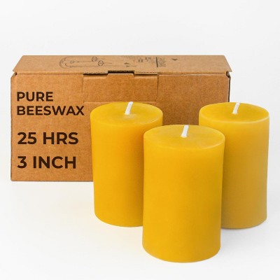 Pure Beeswax Pillar Candles - 1.8x3 inch Set of 3 - Yellow - 25 Hour Burning - Smokeless - Home Decor - Natural