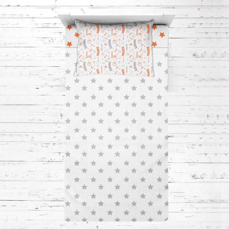 Bacati - Basketball Sports Orange Gray Muslin 3 pc Toddler Bed Sheet Set, 1 of 7