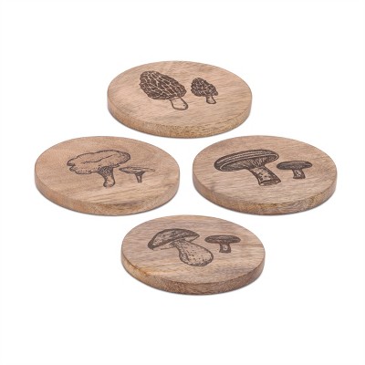 Mushroom Etched Mango Wood Coaster (Set of 4)