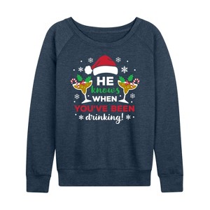 Women's - Instant Message - He Knows When You've Been Drinking Christmas Lightweight French Terry Wide Neck Long Sleeve Shirt - 1 of 4