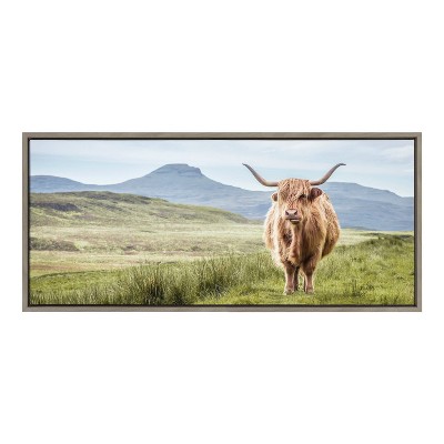 Highland Cow Mountain Landscape Canvas Art with Gray Frame