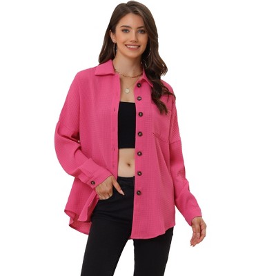 Allegra K Women's Texture Long Sleeve Drop Shoulder Casual Button Down Shirt