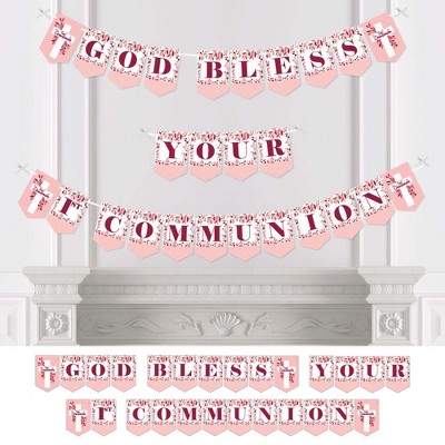 Big Dot of Happiness First Communion Pink Elegant Cross - Girl Religious Party Bunting Banner - Party Decorations - God Bless Your 1st Communion