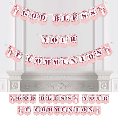 Big Dot of Happiness First Communion Pink Elegant Cross - Girl Religious Party Bunting Banner - Party Decorations - God Bless Your 1st Communion