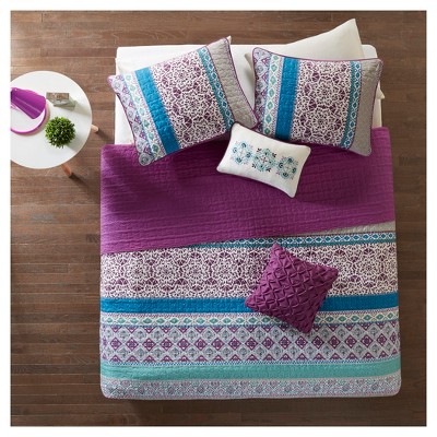 Boho Purple and Turquoise Reversible Microfiber Coverlet Set