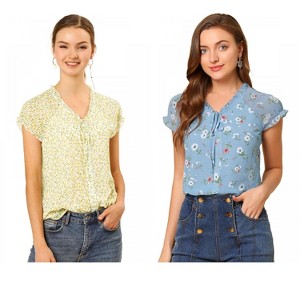 Allegra K Women's Floral Chiffon V Neck Ruffled Short Sleeve Shirt 2 Packs - 1 of 4