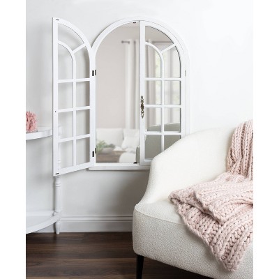 Rustic White Wood Windowpane Arch Vanity Mirror
