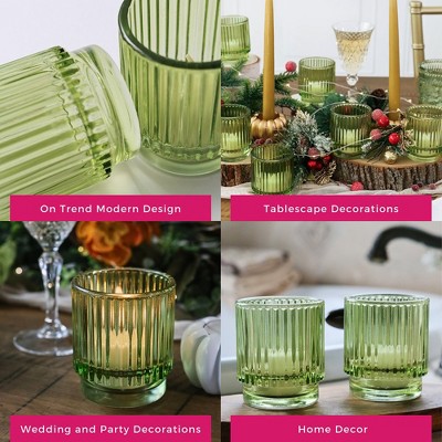 Set of 6 Green Ribbed Glass Votive Candle Holders