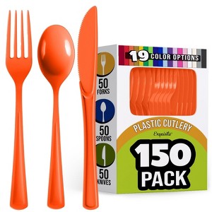 Exquisite Solid Color Plastic Utensil Cutlery Set Forks Spoons Knives- 150 Pack - 1 of 4