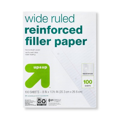 100ct Wide Ruled Reinforced Filler Paper - up&up™: 10.5x8 Inches, Loose Leaf, 20 lb, White, 100 Sheets