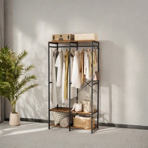 Wardrobe Closet Organizer Clothing Storage Iron and Wood Heavy Duty Clothes Rack with Hanging Rods, Shelves, and Removable Hooks 15.7 x 37.2 x 70.9 - 1 of 4