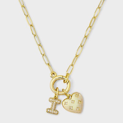 14K Gold Dipped Cubic Zirconia Puffy Heart Charm Initial Necklace - A New Day™ Gold