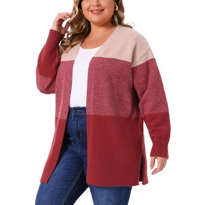 Agnes Orinda Women's Plus Size Striped Color Block Side Slit Long Sleeve Open Front Casual Knit Sweaters Cardigan - 1 of 4