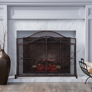 Spassway 41"W*32"H See-Through Metal Fireplace Screen with Decorative Scroll Foldable Fire Spark Guard Cover with Decorative Mesh for Living Room - 1 of 4