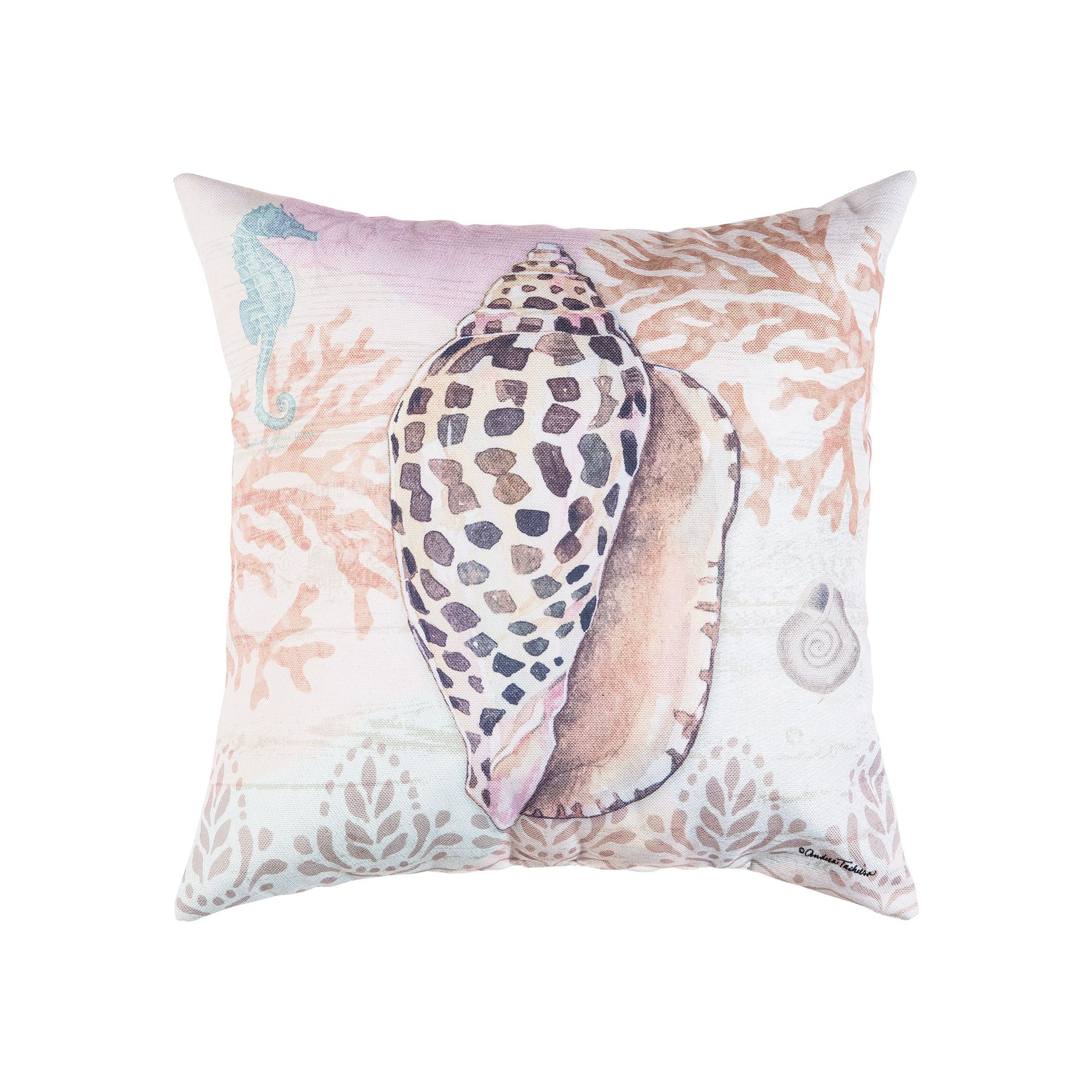C&F Home Brown Conch Shell w/ Seahorse & Coral Indoor/Outdoor Throw Pillow, 18" x 18"