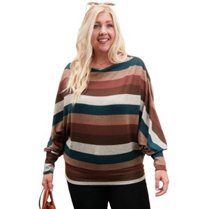 Slickblue Women's Plus Multi Stripe Knit Top, Boat Neck, Bubble Sleeves, Stretch Fit, Hunter Green/Multi, Size 1XL-3XL - 1 of 4