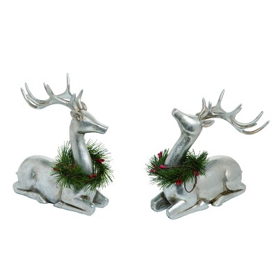 Transpac Resin 7 in. Silver Christmas Sitting Reindeer Set of 2