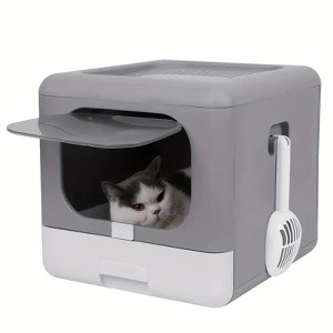 Extra Large Folding Pet Litter Box Portable Durable Cat Gray Litter Toilet Detachable Top Front Entry with Handy Scoop & Remove Tray - 1 of 4