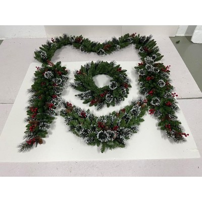 Pre-Lit Frosted Christmas Wreath Set of 6, Christmas Decoration with Pine Cones, Holly Berries, Garland, Festival Decor Set for Home