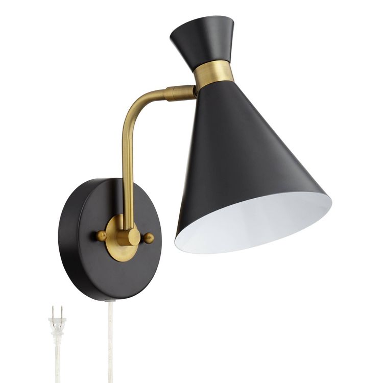 360 Lighting Venice Mid Century Modern Wall Lamp Matte Black Brass Plug-in 6 1/4" Light Fixture Adjustable Metal Cone Shade for Bedroom Living Room, 1 of 9