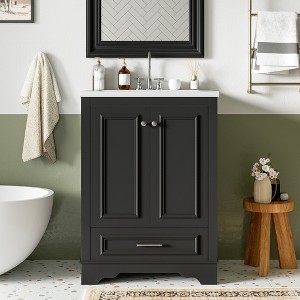 CSBDHome 24-Inch Bathroom Vanity with Ceramic Sink, Modern Freestanding Cabinet with Storage, Soft Close Doors & Silver Handles - 1 of 4