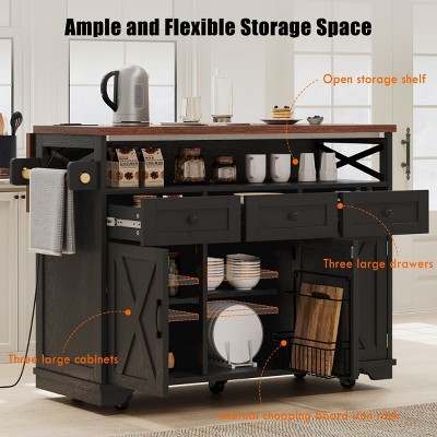 Kitchen Carts and Islands with Power Outlet and Drop Leaf, Rolling Storage Cart with Bead Accents, 3 Drawers and 3 Doors for Home-The Pop Home