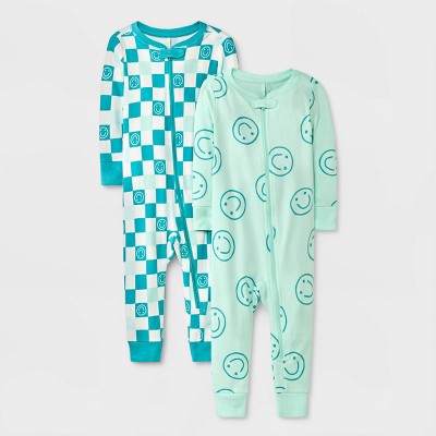Image of Baby Girls' 2pk Smile & Check Tight Fit Pajama Romper - Cat & Jack™ Green 18M
