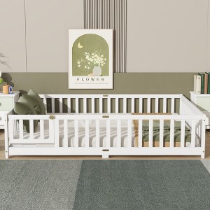 MAYEERTY Queen Floor Bed with Fence,Door, Rubber Wood Floor Bed Guardrails White - 1 of 4