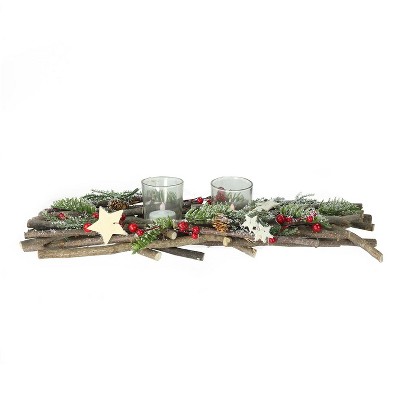 Northlight 18" Frosted Berries, Branches and Stars Christmas Votive Candle Holder Centerpiece - Brown/Red