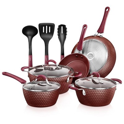 NutriChef 11-Piece Stylish Kitchen Cookware Set with Ceramic Interior & Diamond Pattern NCCW11PUR - Wine Red