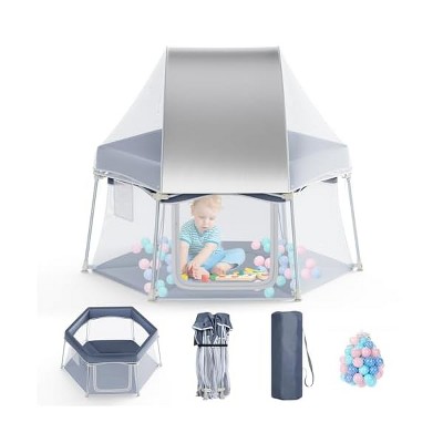 Portable Play Yard, 6-Panel, 48 Inch, Indoor/Outdoor Use, Washable Aqua Playpen