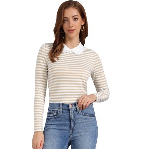 INSPIRE CHIC Women's Long Sleeves Contrast Peter Pan Collar Striped Blouse Top - 1 of 4