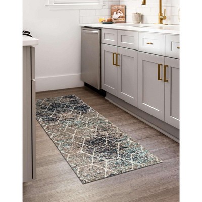 Blue and Beige Geometric Trellis Synthetic Runner Rug