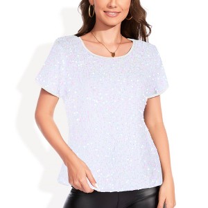 Anna-Kaci Women's Short Sleeve Crew Neck All-Over Sequin Embellished Top Stylish Sparkling Blouse - 1 of 4