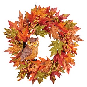 Collections Etc Perched Owl Autumn Leaves and Berries Hanging Wreath - 1 of 2