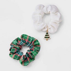 Christmas Plaid and Charm Hair Twister 2pc Set - Green/White/Red - 1 of 3