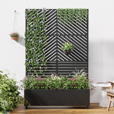 Wooakway 72"H Metal Planter Box with Trellis Raised Garden Bed with Arbor Privacy Screen with Wheels