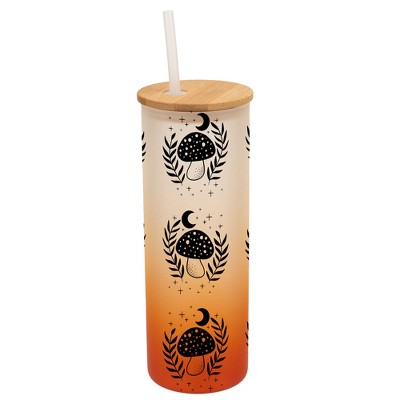 Elanze Designs Woodland Moonlit Mushroom Flowers Wrap-Around Design 25 Ounce Frosted Gradient Glass On-The-Go Coffee Travel Skinny Tumbler Mug Cup,