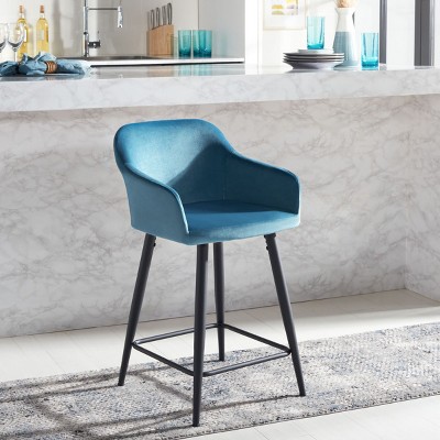 Denim Blue Velvet and Black Metal Counter Stool