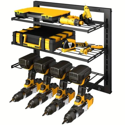 Angel Sar 3-Layer Power Tool Storage Rack, Heavy Duty Steel Drill Holder Wall Mount with Wood Shelf, 100LB Capacity for Garage Workshop Organization