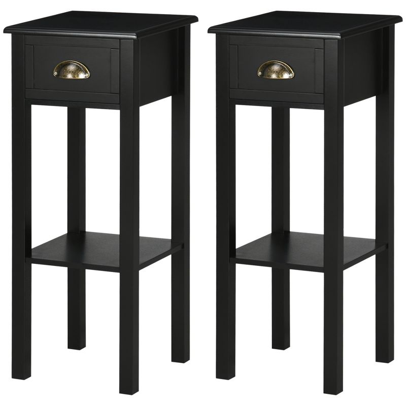 HOMCOM 2-Tier Side Table with Drawer, Narrow End Table with Bottom Shelf, for Living Room or Bedroom, Set of 2, Black, 4 of 7
